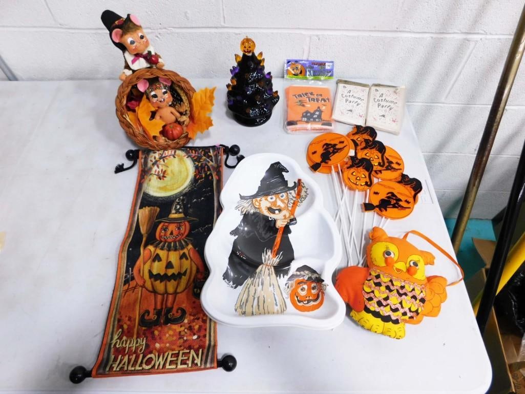 Annalee Dolls Fall Thanksgiving Centerpiece, Ceramic Halloween Tree, Vintage Plush Owl, (1 of 5)
