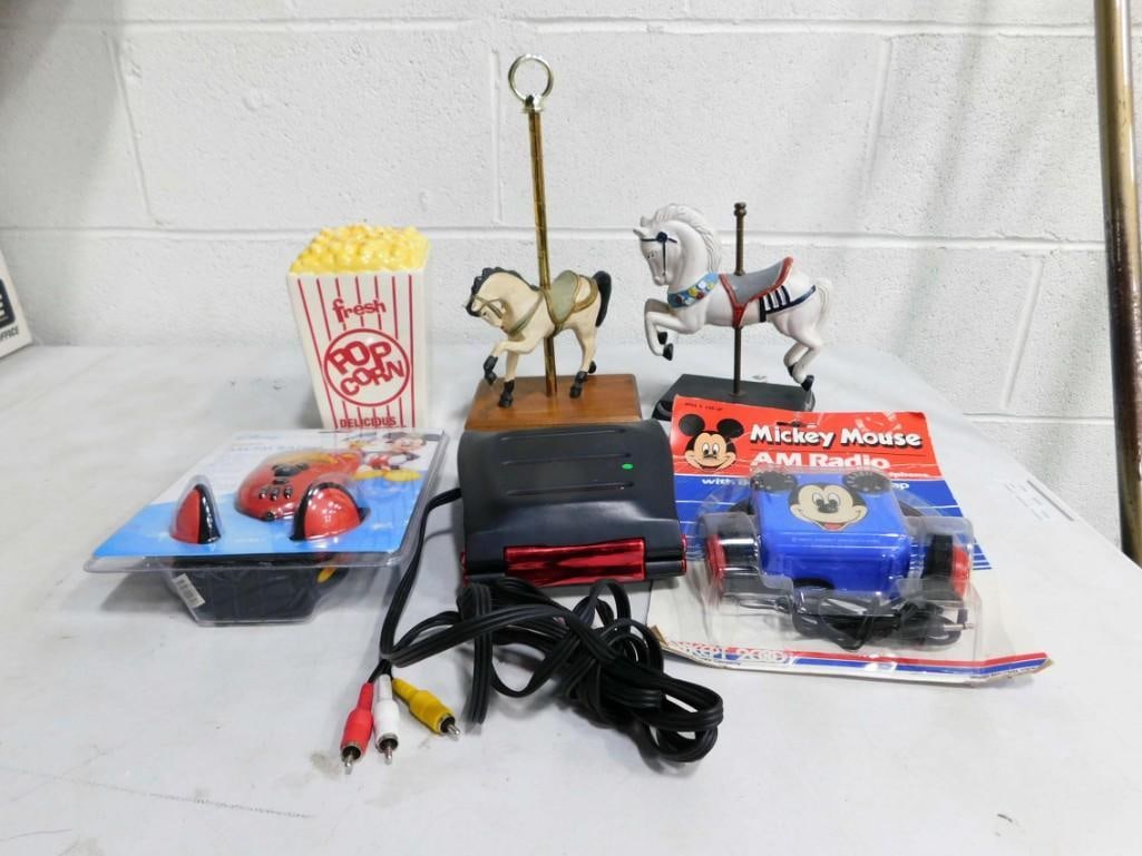 Collectibles incl Disney Mickey Mouse AM Radio, Disney AM/FM Radio, Carousel Horse Figures, Popcorn (1 of 3)