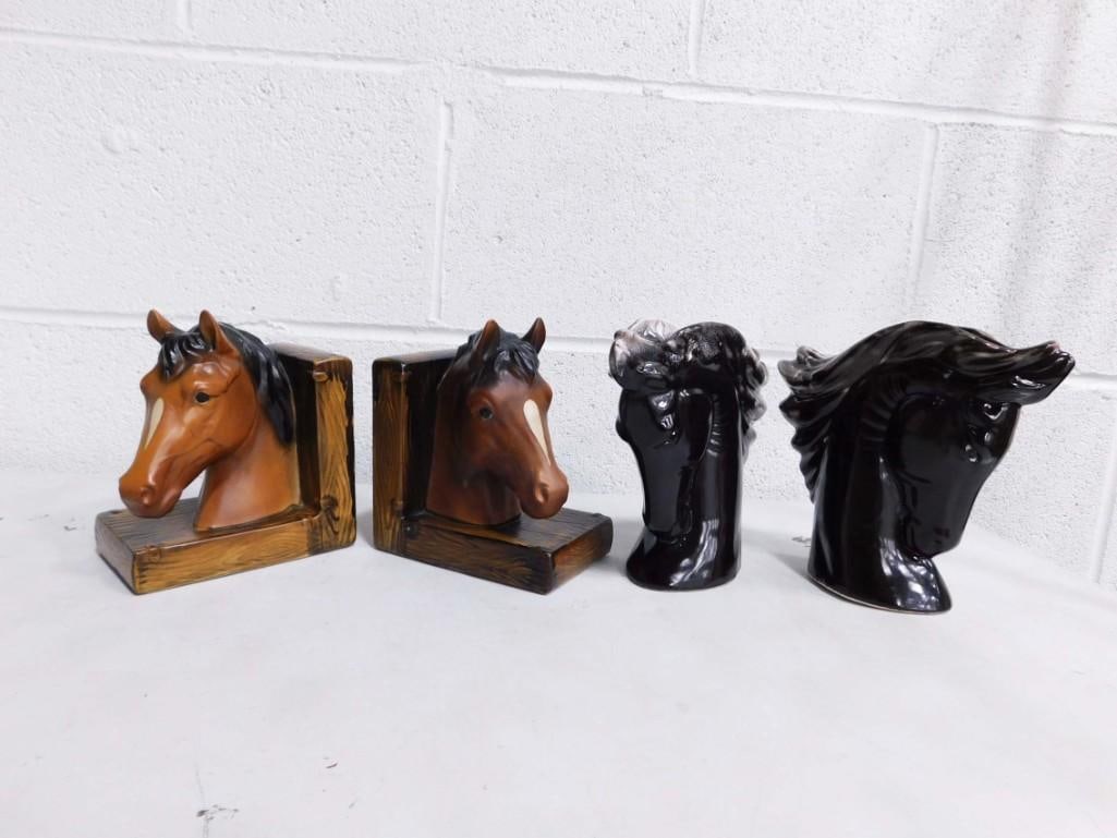 2 Horse Head Ceramic Statues and a Set of Horse Head Bookends (1 of 4)