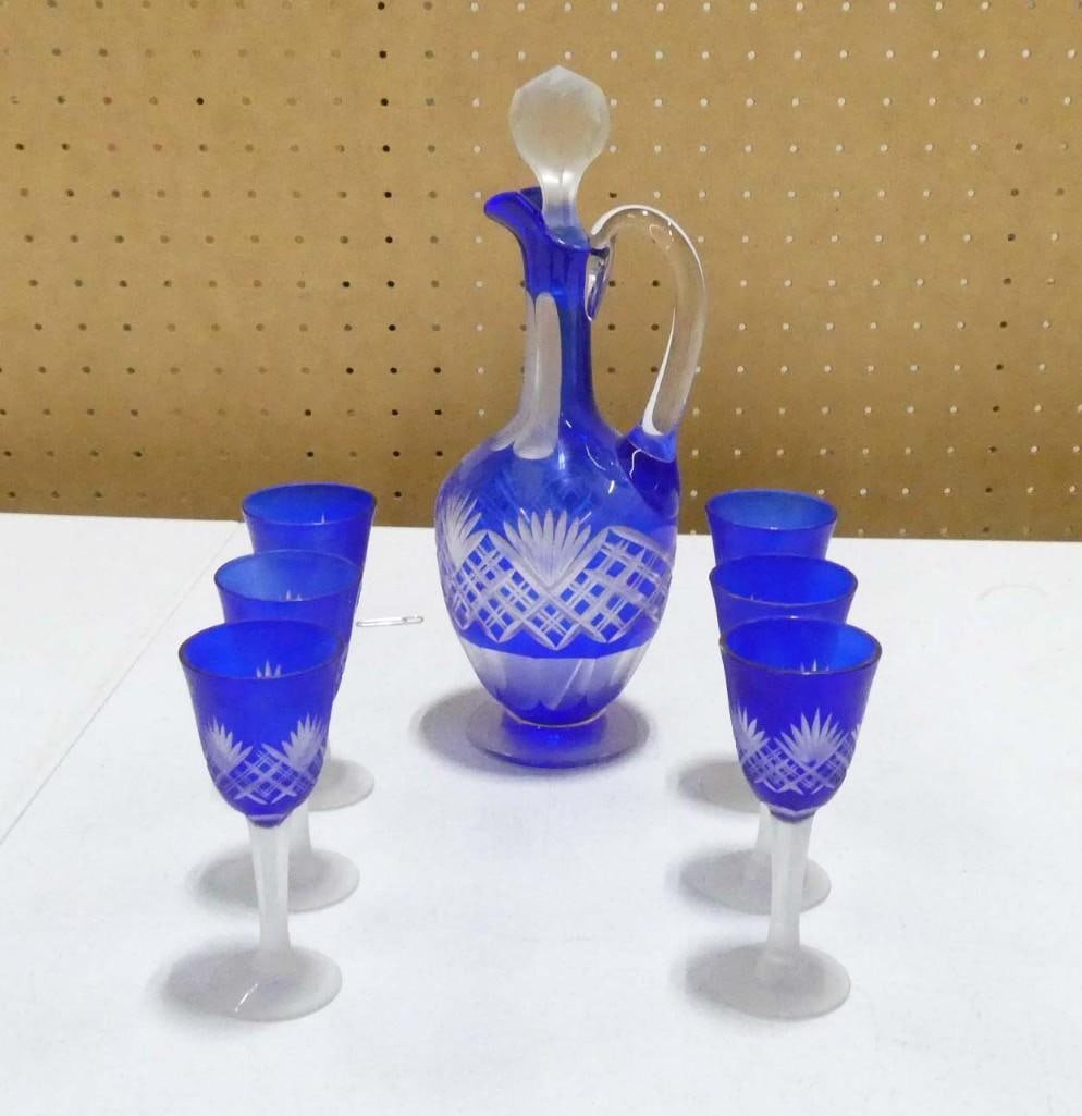 Blue Cut to Clear Glass Decanter Set with Decanter, Stopper, 6 Stemware Glasses (1 of 3)