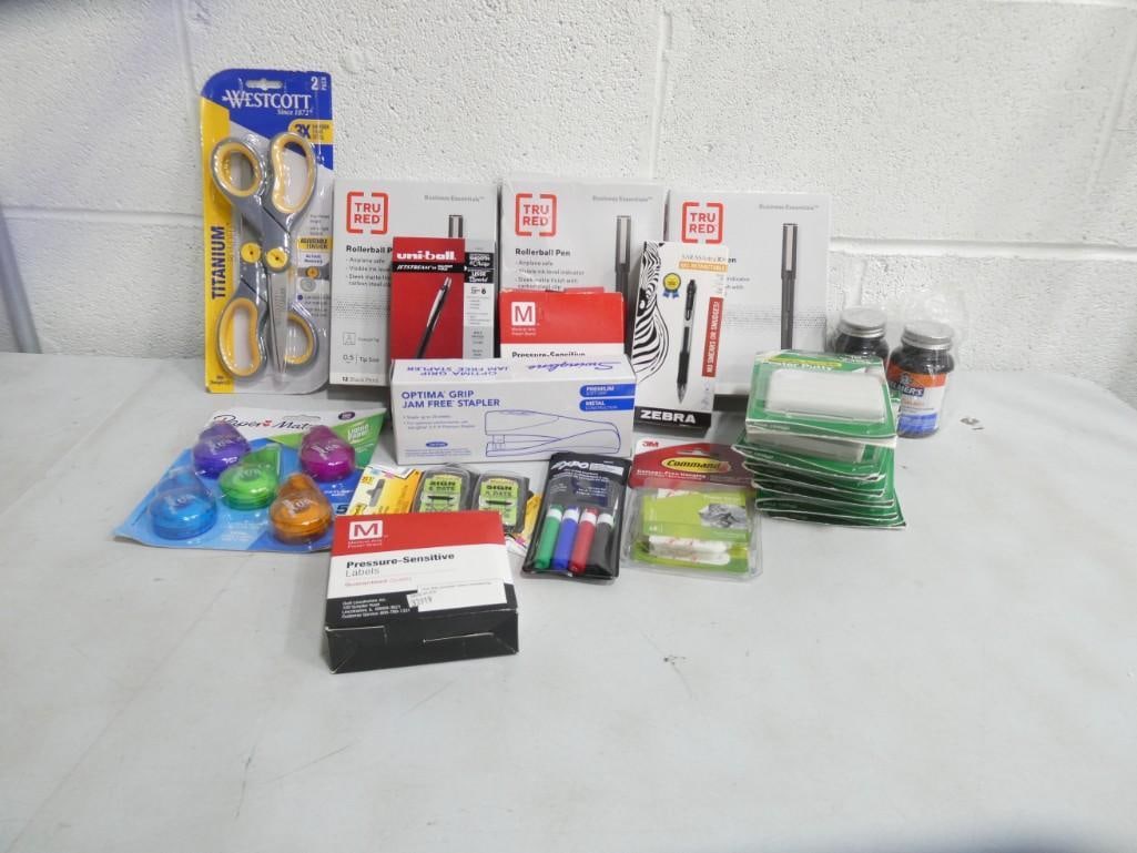 Office Supplies Lot incl Pens, Scissors, Poster Putty, etc: Office Supplies Lot incl Rollerball Pens, Scissors, Poster Putty, etc