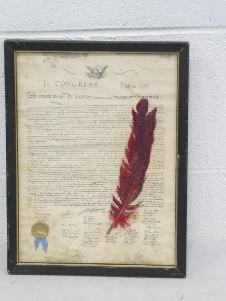Vintage US Declaration of Independence Ephemera with feather - Framed: Vintage US Declaration of Independence Ephemera with feather - Framed - has some water damage on the bottom. Measures roughly 10x13"
