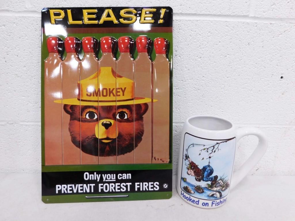 Smokey The Bear Metal Sign and Gary Patterson Hooked on Fishing Stoneware Mug (1 of 4)