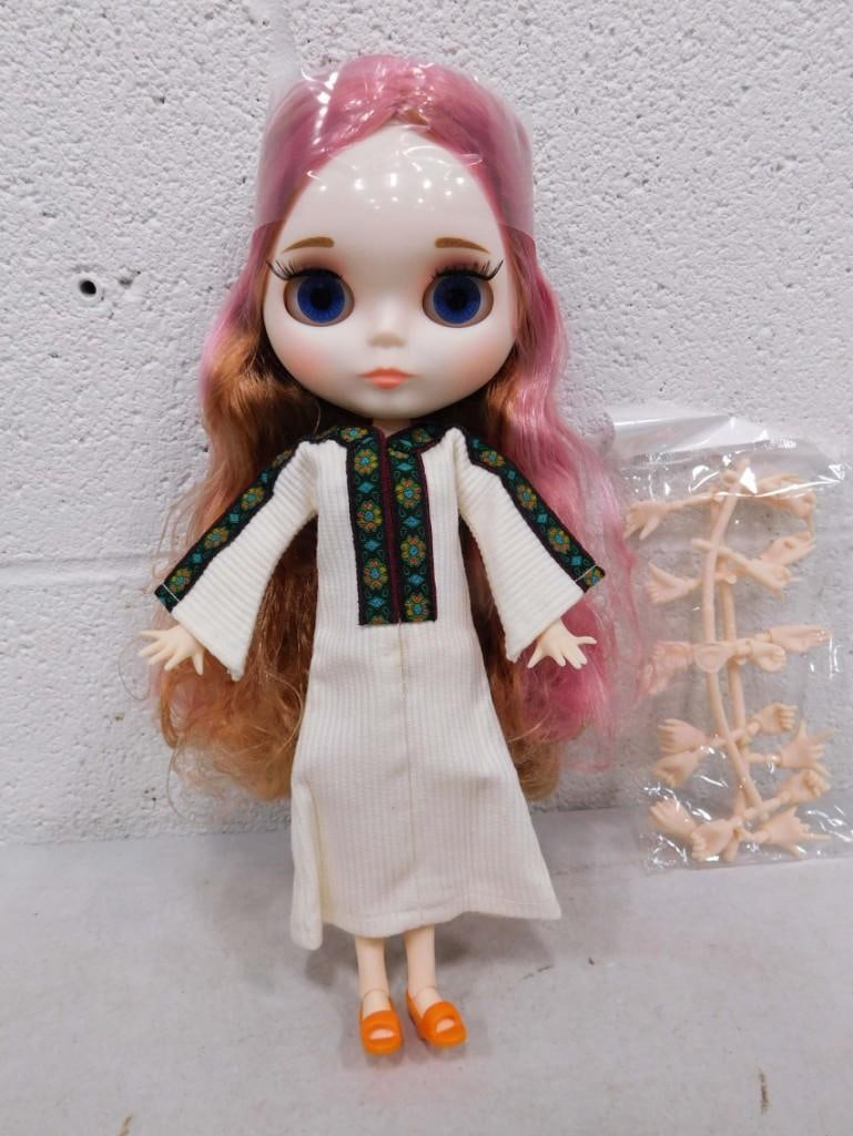 New Blythe CLONE Doll Pink & Gold Hair in AD Blythe Golden Goddess REPRO Outfit: Blythe 11.5" clone/copy-cat jointed vinyl doll with extra hands. Thick, pink and gold hair. Eyes change to 4 colors by pulling the string on the back of her head. Wearing Ashton Drake REPRO Blythe