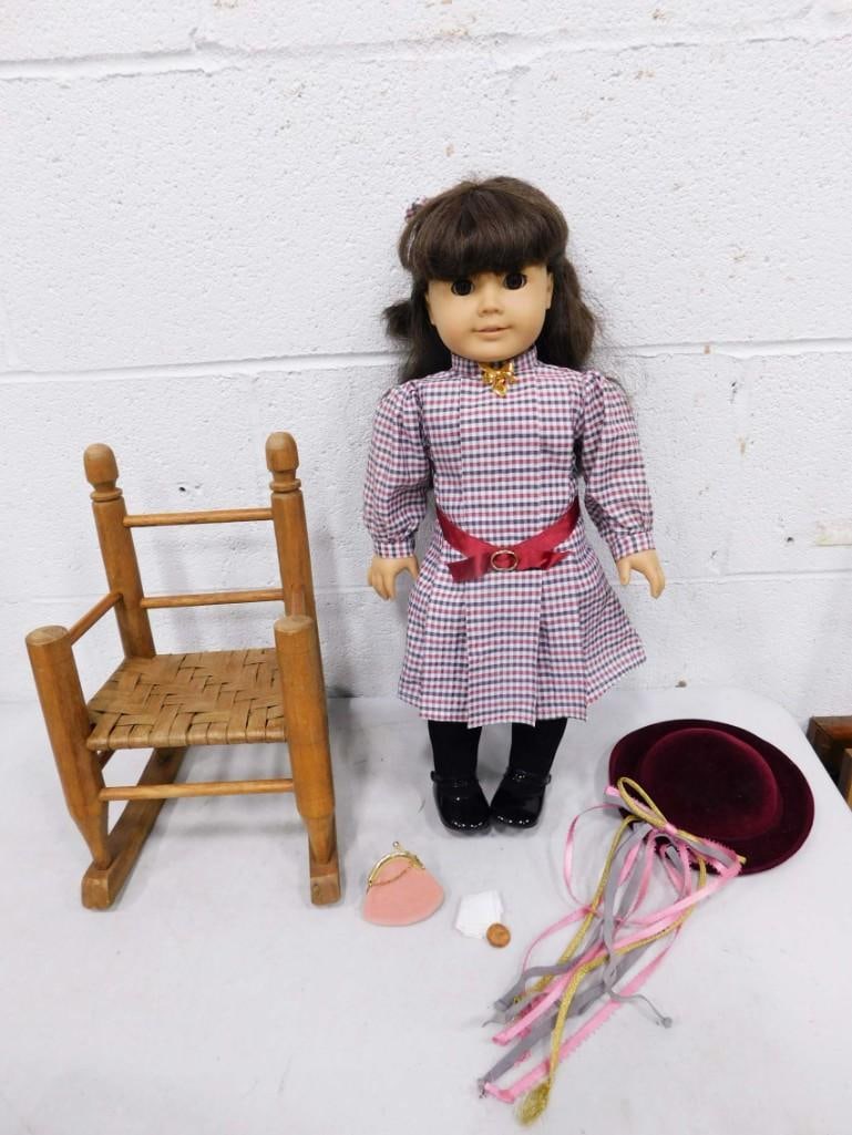 American Girl Samantha 18" Historical Doll Pleasant Company: American Girl Samantha 18" Historical Doll Pleasant Company. Samantha is 18" tall, in original outfit, with accessories including hat, broach, purse, hair bow, hankie, penny and rocking chair.