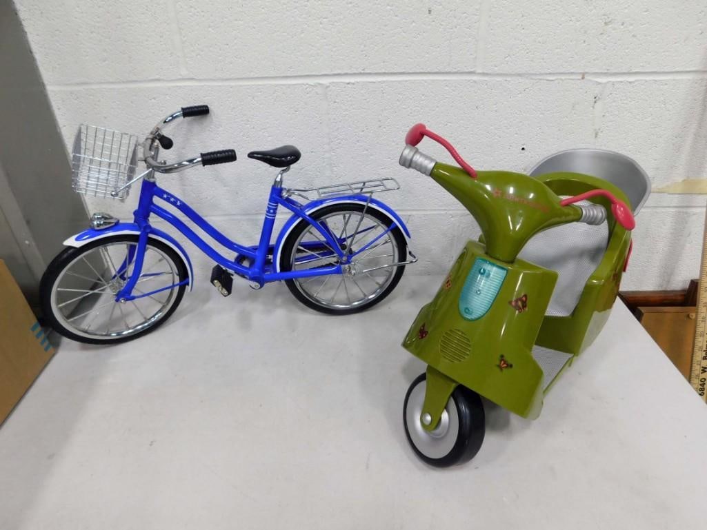 American Girl Molly's Blue Bike or Bicycle & Jess Green Scooter Vesta Moped Lot for 18" Dolls: American Girl Molly's Blue Bike or Bicycle & Jess' Green Scooter Vespa Moped Lot for 18" Dolls . Vesta scooter works! Makes sounds, lights up. Molly's blue bike has some rust on th