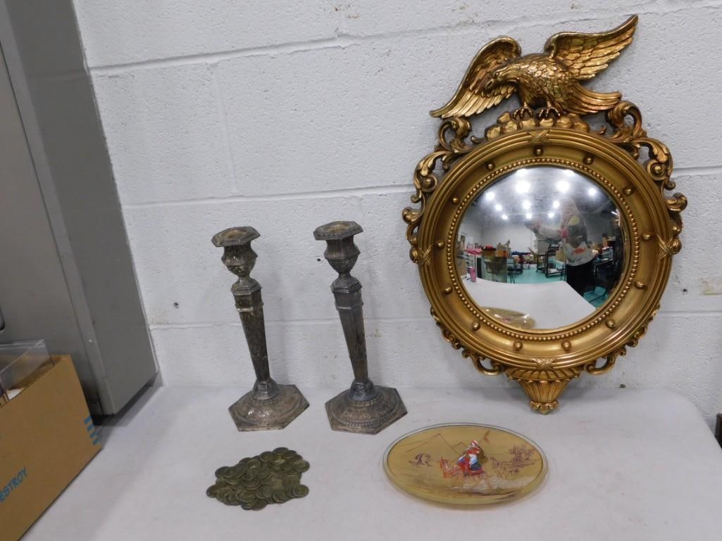 Vintage Collectibles including Concave Eagle Mirror, Metal Candlestick Holders, etc. (1 of 7)