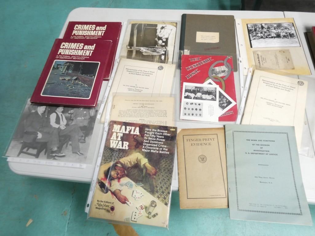 Lot of Vintage and Antique Gangster / Crime / Mafia Ephemera, Books, etc.: Lot of Vintage and Antique Gangster / Crime / Mafia Ephemera, Books, etc. including photos, Forensic Firearm Identification, Criminal investigation papers, US Department of Justice, 1920's Chicago