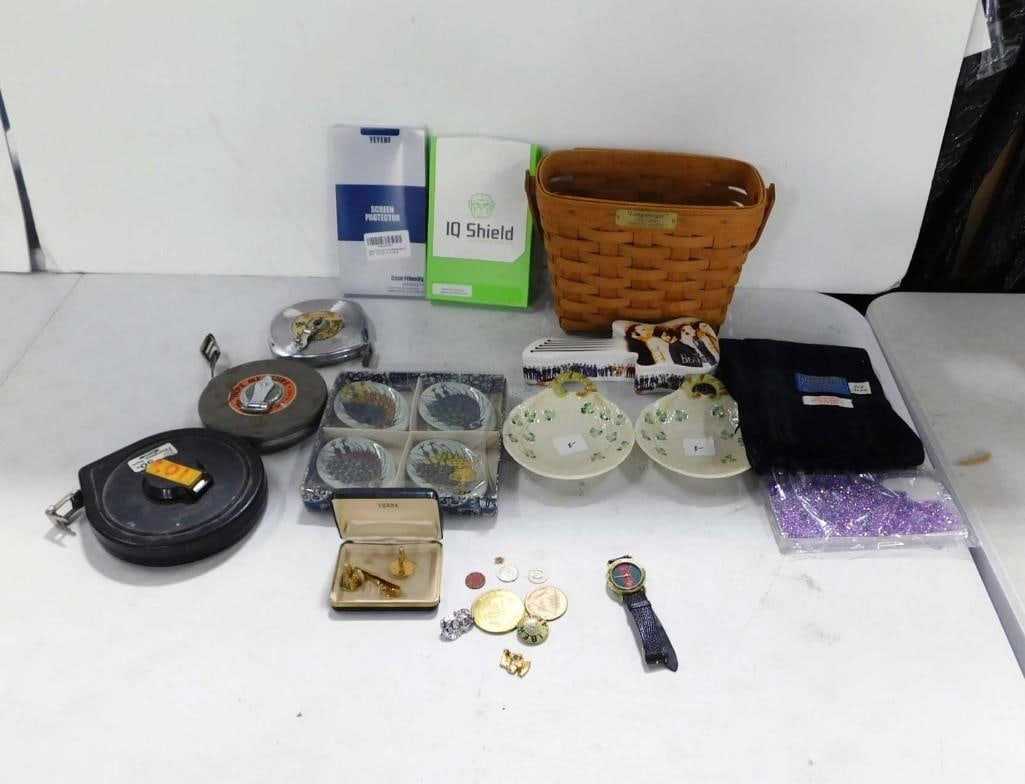Collectibles incl Belleek Bowls, The Beatles Trinket Box, Longaberger Basket, Cufflinks,: Lot of Collectibles incl Belleek Bowls, The Beatles Guitar Shaped Trinket Box, Longaberger Basket, Cufflinks, Tokens, Watch, Vintage Tape Measures, Etc