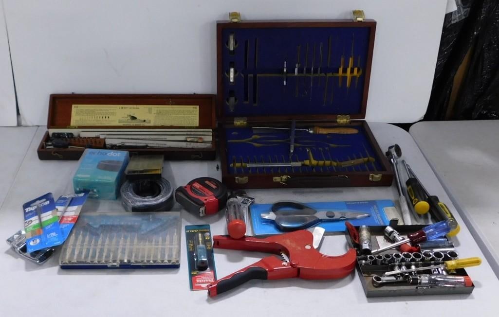 Tool lot including Sockets, Vintage Leroy Lettering, Echo Dot, Screw Driver Set, Tape Measure (1 of 5)