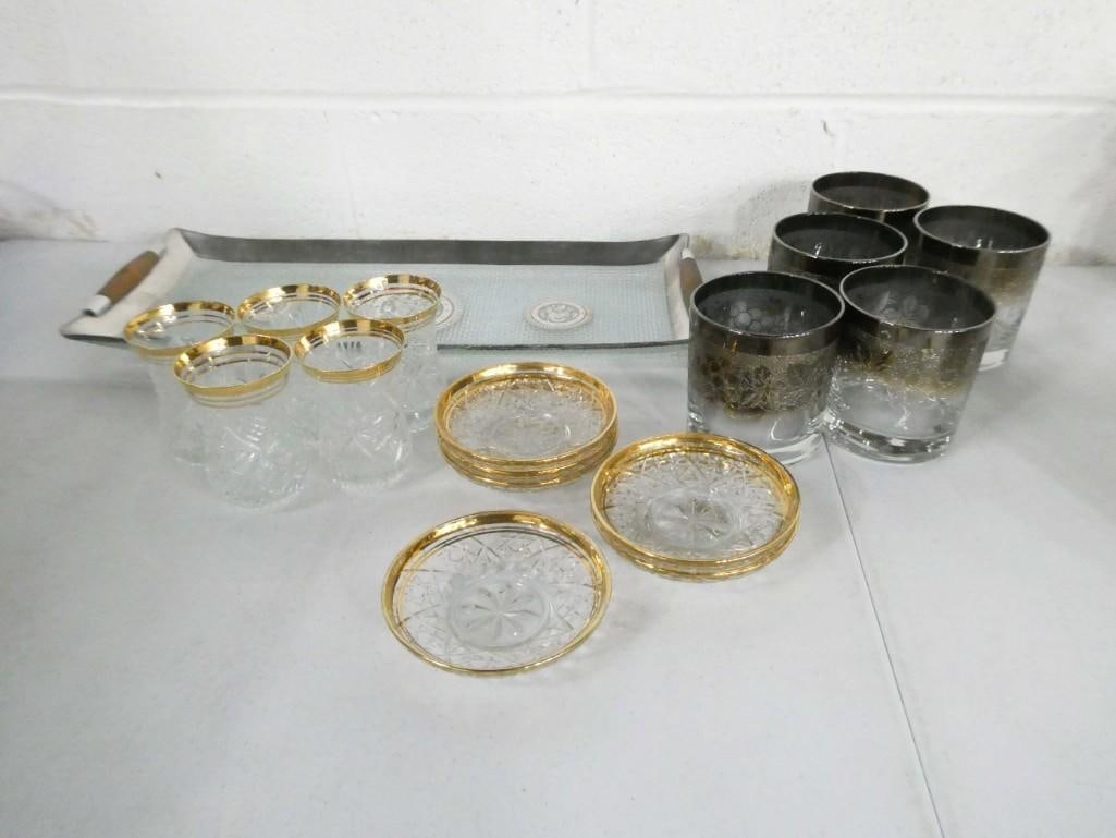 5 MCM Silver Fade Rocks Glasses, A MCM Glass Tray, and Gild Rimmed Shot Glasses and Saucers (1 of 6)