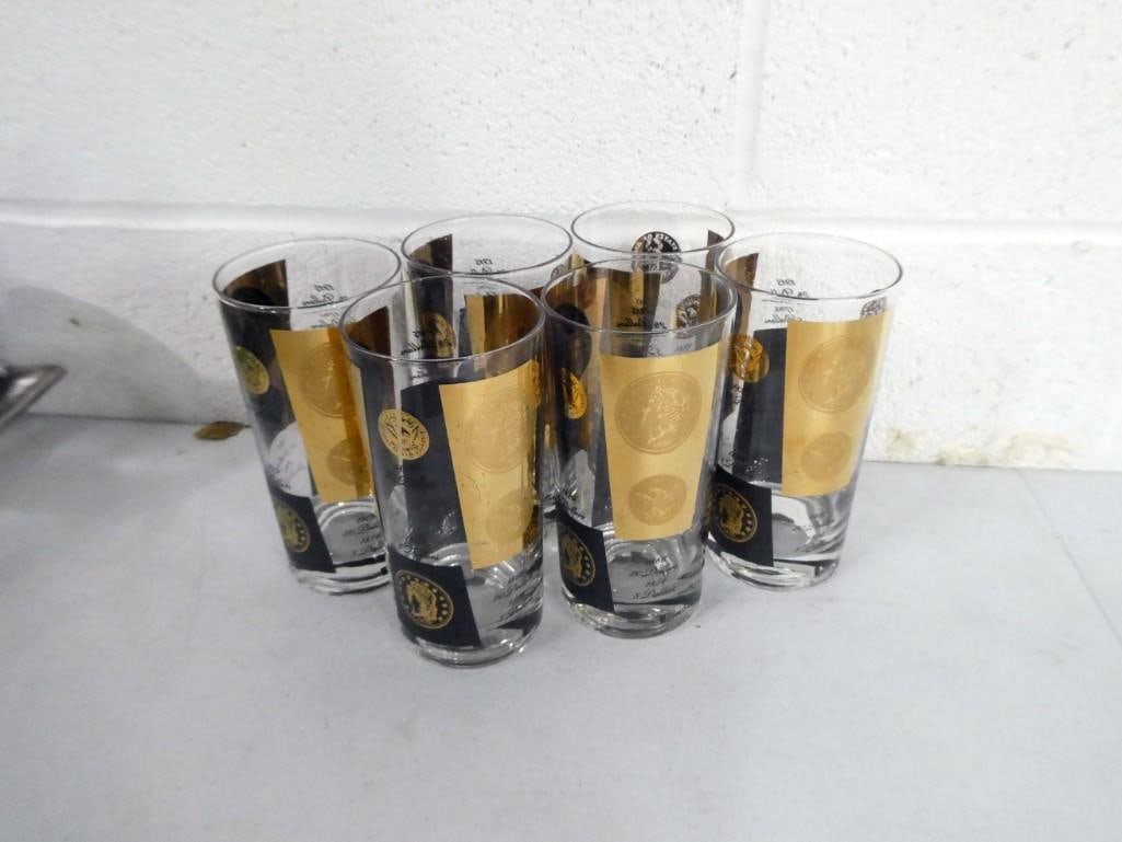 6 MCM Bar Glasses or Tumblers with Black and Gold Coin Pattern: Set of 6 Mid Century Drinking Glasses or Tumblers with Black and Gold Coin Pattern
