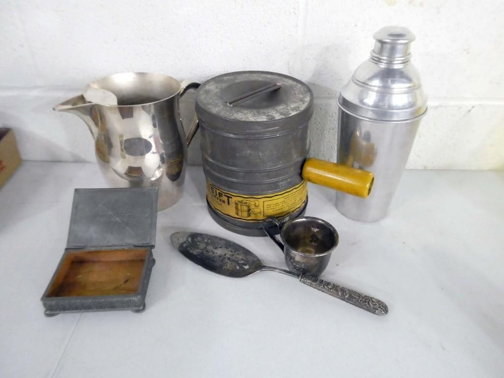 Collectibles incl Metal Pitcher, Vintage Flour Sifter, Cocktail Shaker, Trinket Box, (1 of 8)