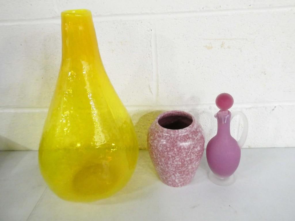 Yellow Art Glass Vase, Satin Glass Cruet, Vintage USA Pottery Vase (1 of 5)