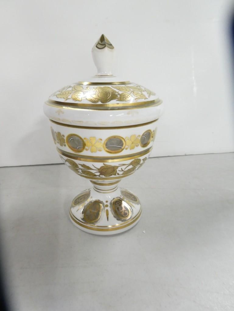Vintage Cut to Clear Glass Covered Candy Dish with Gold Trim (1 of 6)