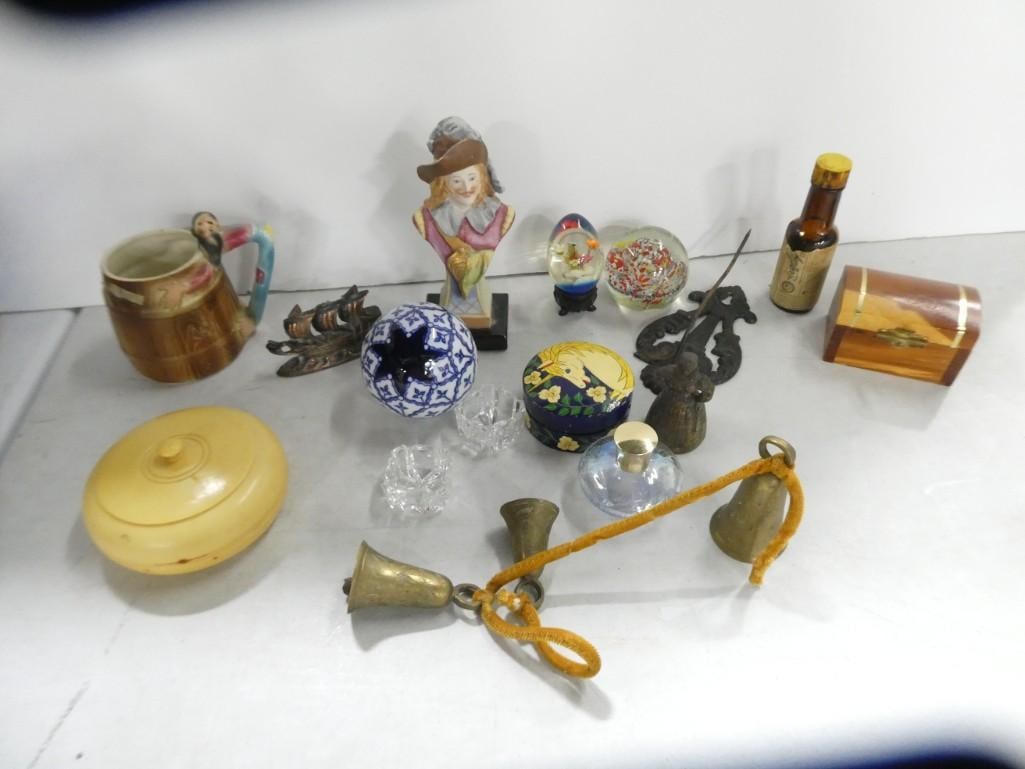 Lot of Smalls incl Paperweight, Figure, Celluloid Trinket Box, Vintage Brass Bells, etc (1 of 8)
