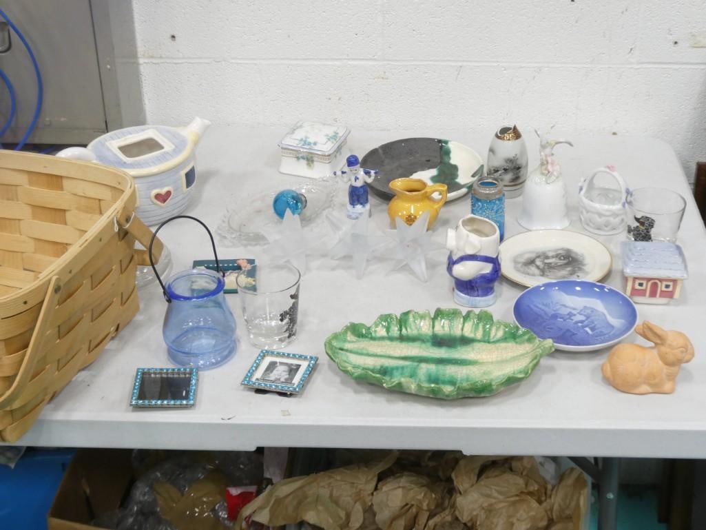 Collectibles Lot incl Blue Glass, Ceramic Leaf Dish, Figurines, Basket, etc (1 of 12)