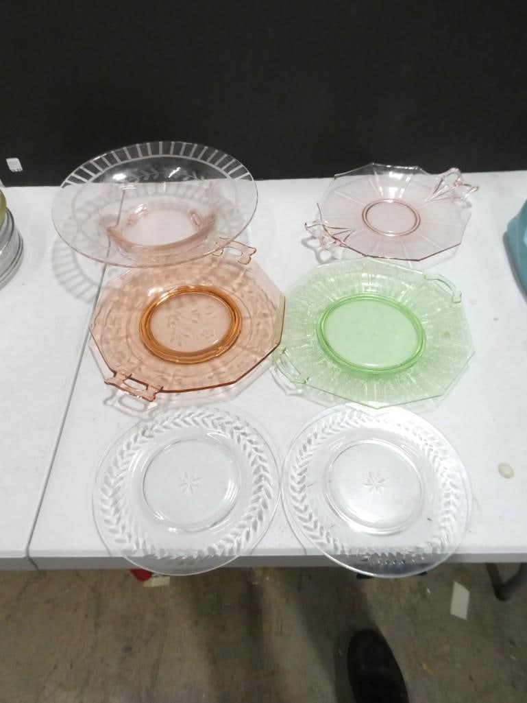 Green Uranium Glass Serving Plate, 2 Pink Depression Glass Serving Plates, Pin Depression Glass Cons (1 of 6)
