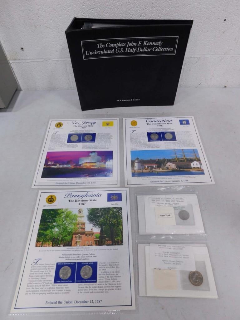 Coin and Stamp Lot including JFK Uncirculated Half Dollars, State Quarters, Stamps, etc. (1 of 10)