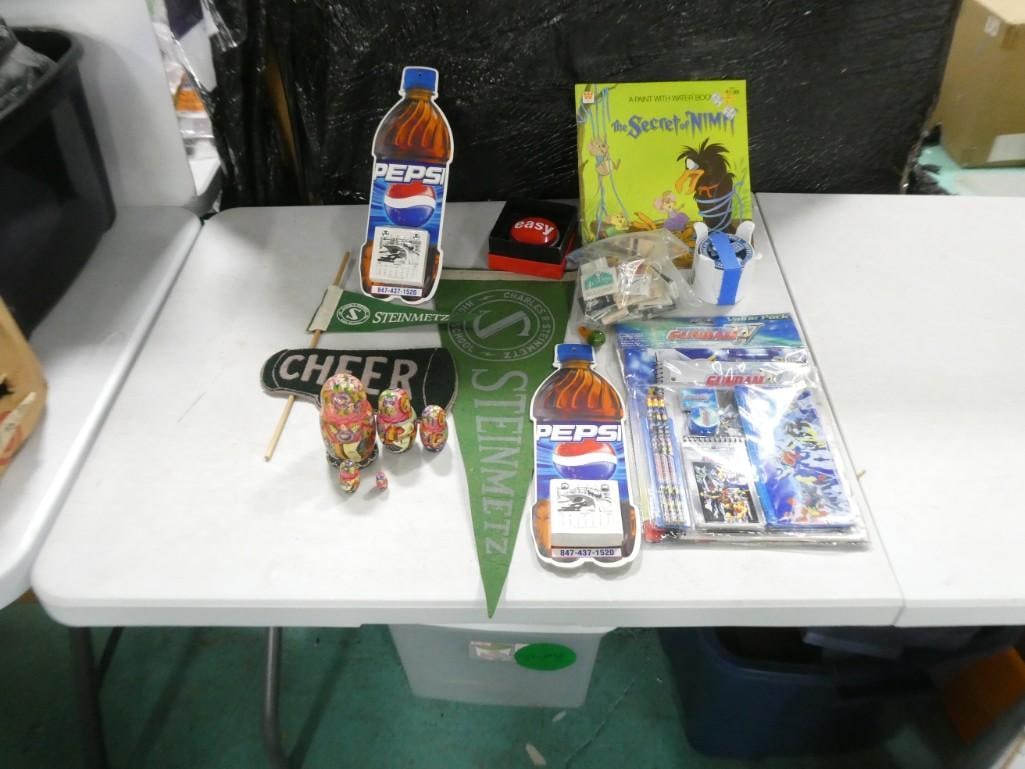 Misc. Lot - Vintage Pennants, Pepsi Ephemera, Easy Button, Gundam Notepads, Nesting Doll, etc.: Misc. Lot - Vintage Pennants, Pepsi Ephemera, Easy Button, Gundam Notepads, Nesting Doll, etc.