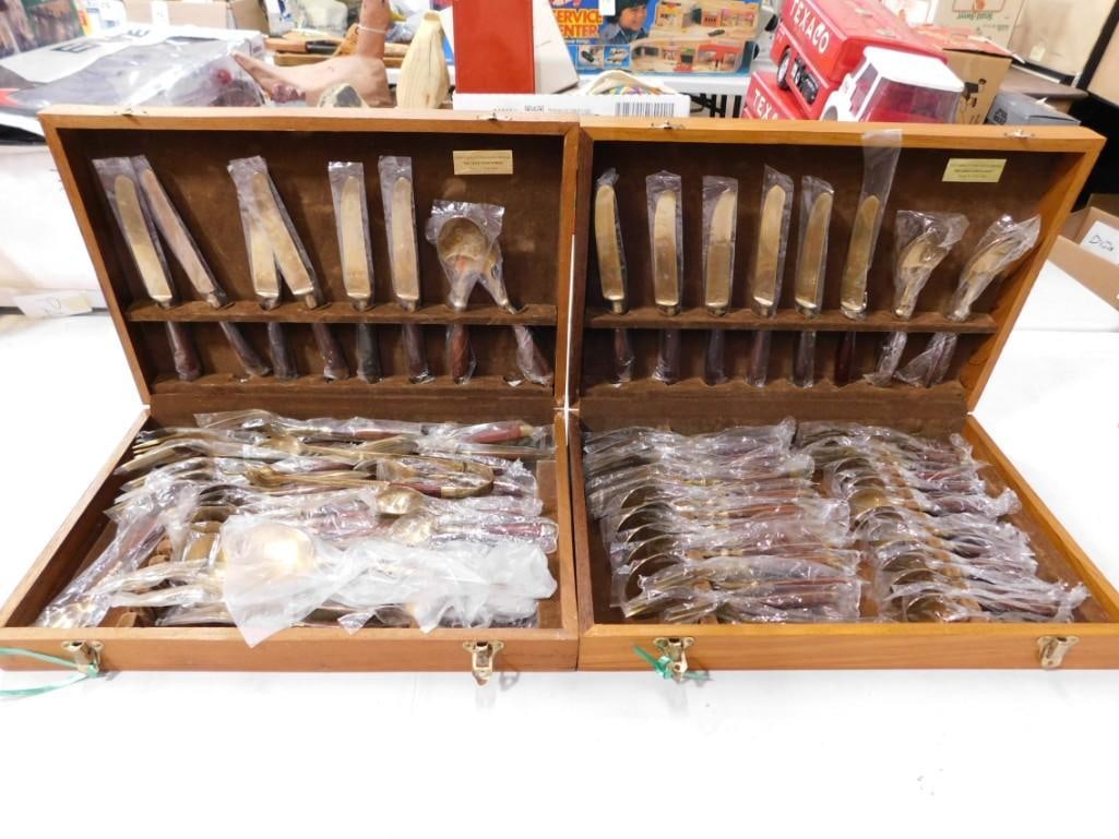 Two Wood boxes of flatware including Nickel / Bronze (1 of 10)