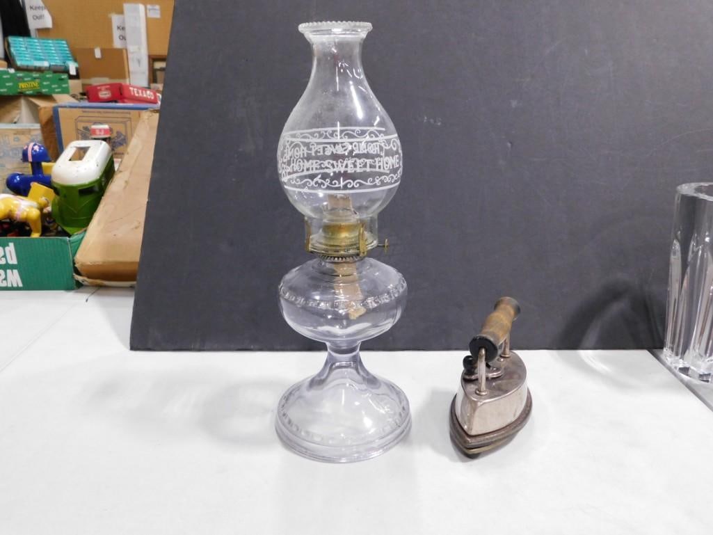Vintage Oil Lamp and Iron: Vintage Oil Lamp and Iron - Dover Sad Iron