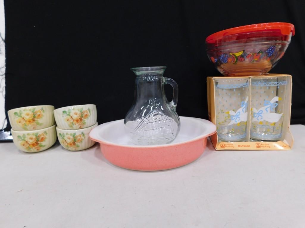 Vintage Pink Pyrex Baking Dish, Hall's Bowls with Floral Design, Anchor Hocking Goose Glasses, (1 of 11)
