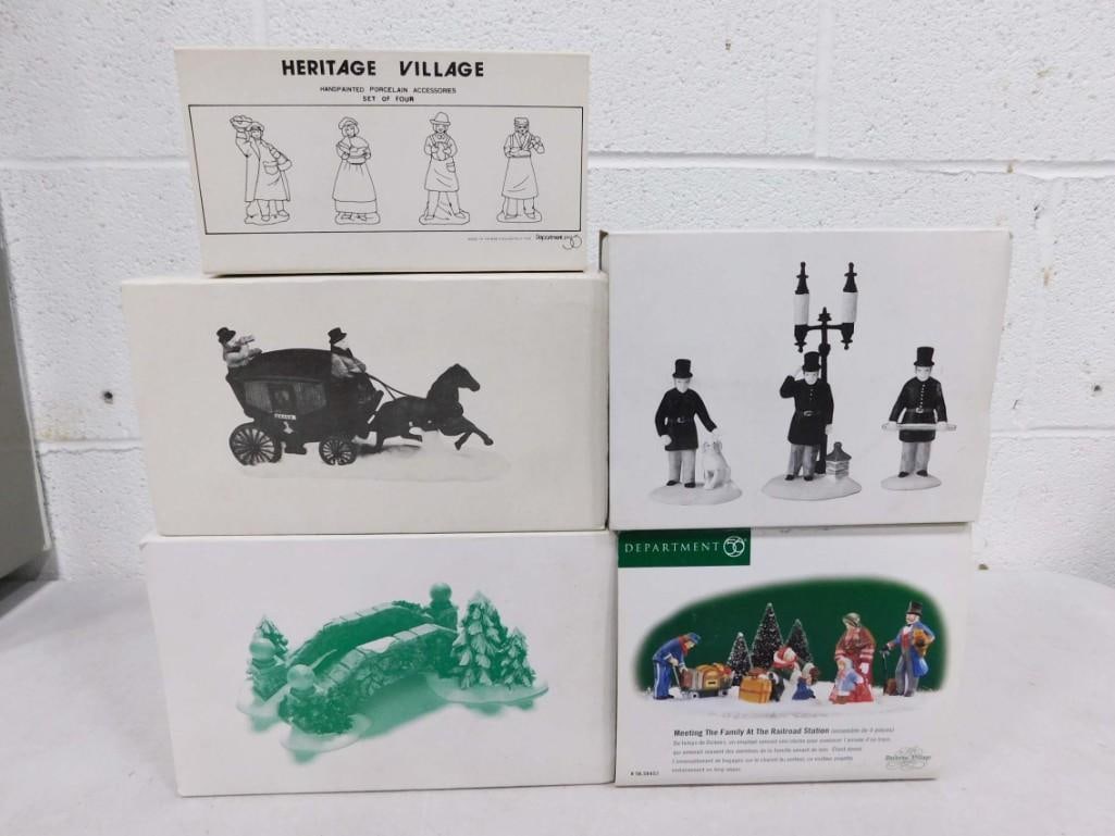 Dept 56 Accessories incl Constables, Dover Coach, Heritage Village,: Department 56 Accessories incl Constables, Dover Coach, Heritage Village, Meeting the Family at the Railroad Station, Stone Footbridge. All in original boxes