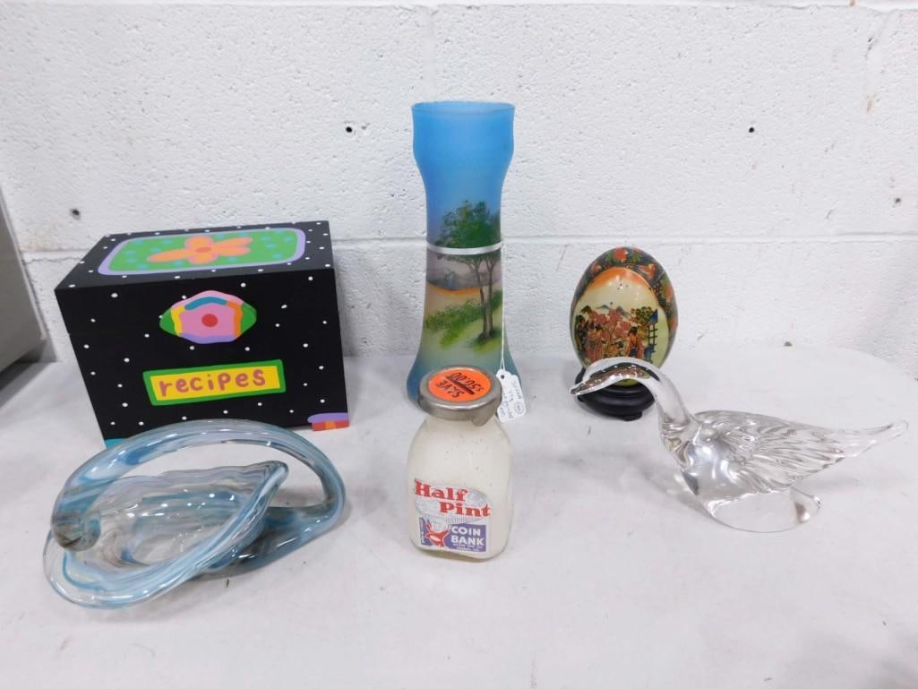Art Glass Etc incl Art Glass Basket,  and Vase plus a Porcelain Egg, Milk Bottle Coin Bank, Recipe (1 of 7)