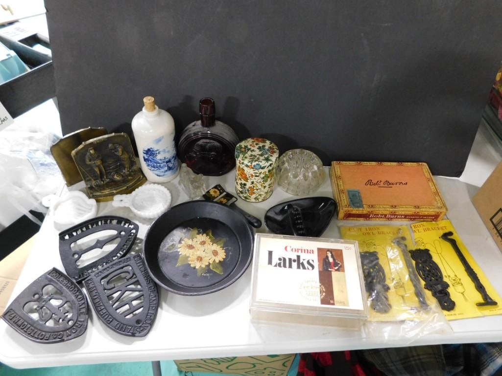 Vintage Lot incl Ashtray, Red Bottle, Iron Trivets, Bookends, Flower Frog, Cigar Boxes, etc (1 of 5)
