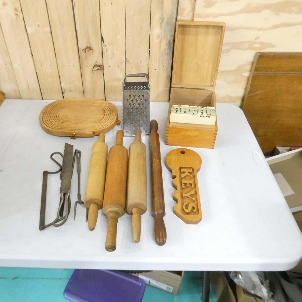 Vintage Kitchen incl Wood Recipe Box, 4 Wood Rolling Pins, Grater, etc (1 of 2)