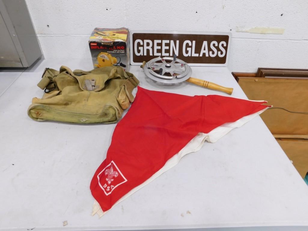 Misc. Lot including Coleman Air Pump, Green Glass Sign, Bag, etc. (1 of 5)