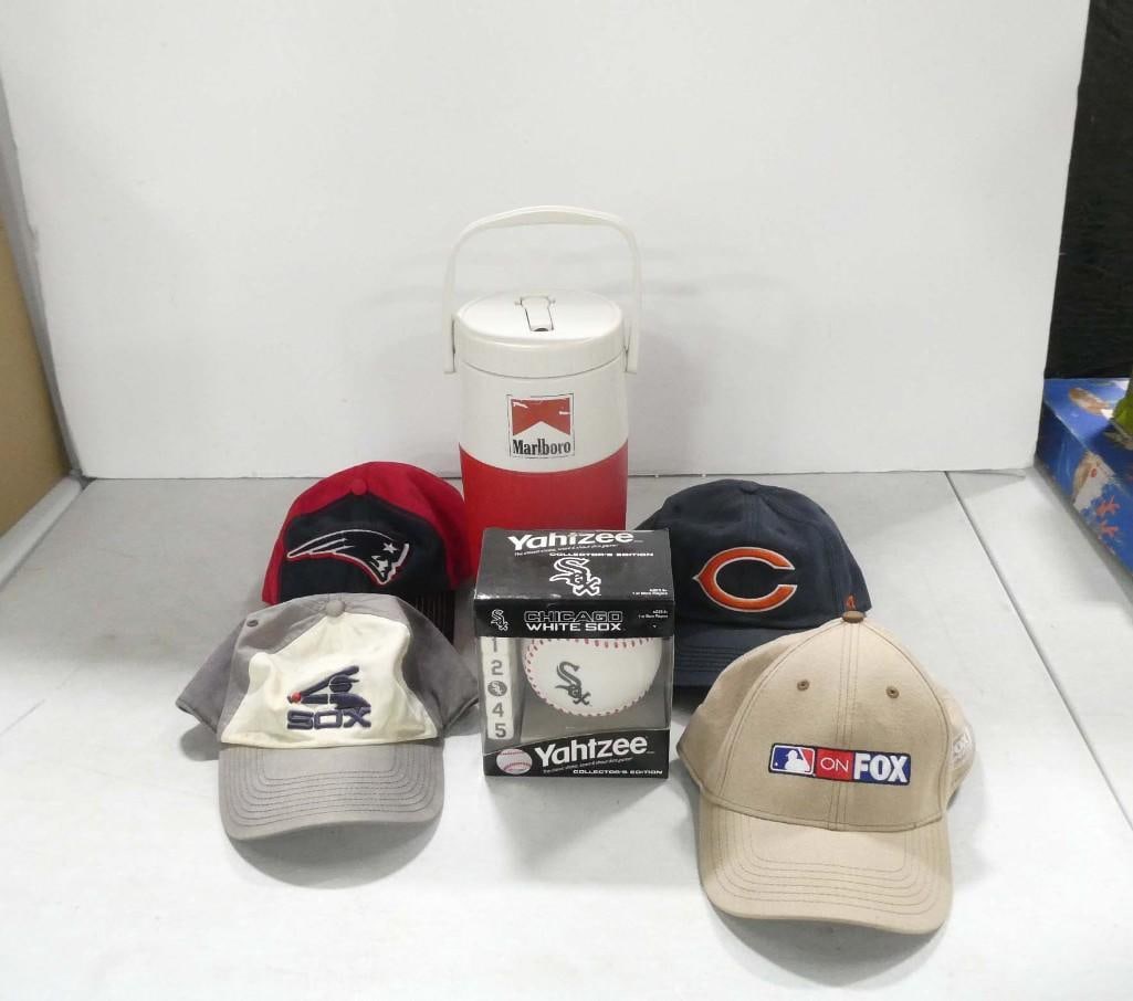 Lot of Caps and Hats, Marlboro Drink Cooler, and White Sox Yahtzee: Lot of Caps and Hats, Marlboro Drink Cooler, and White Sox Yahtzee