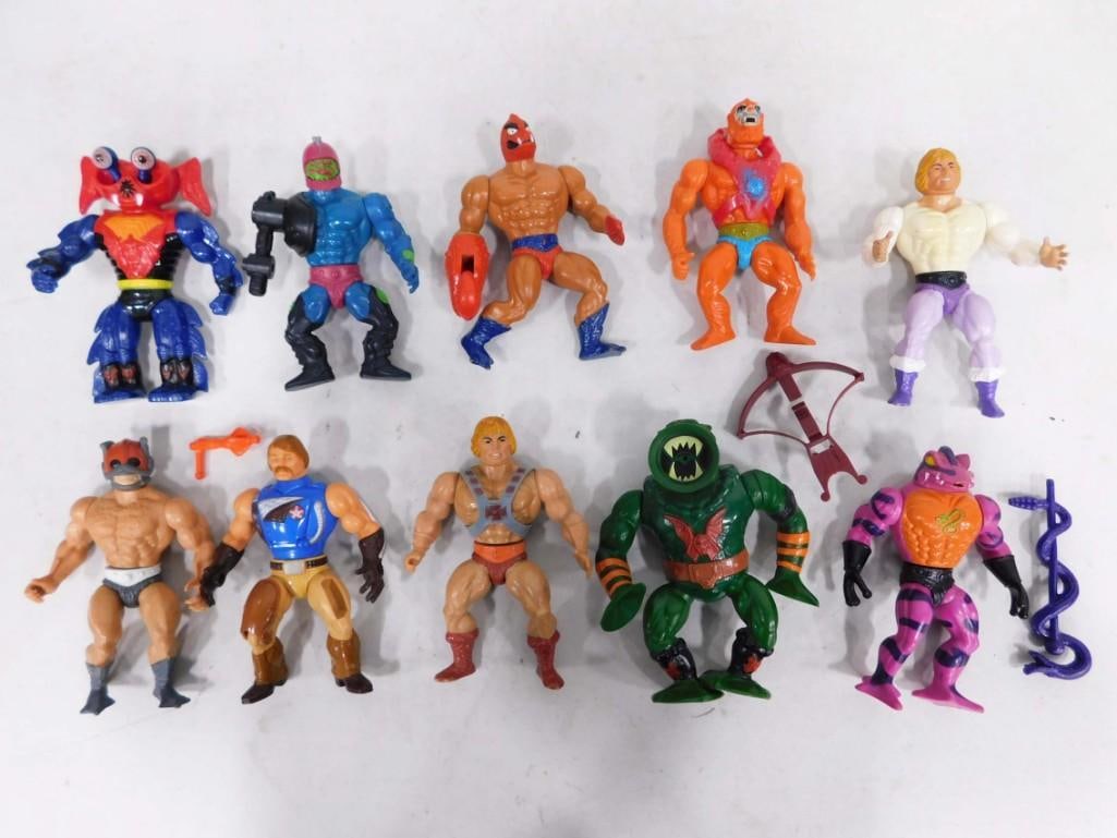 10 Vtg 1980s Masters of The Universe MOTU Figures & Weapons Lot: 10 Vintage 1980s Masters of The Universe MOTU Figures & Weapons Lot including Leech with crossbow, Tongue Lashor with snake staff, Prince Adam, ClawFul, Beast Man, Mantenna, Trap Jaw, He-Man with
