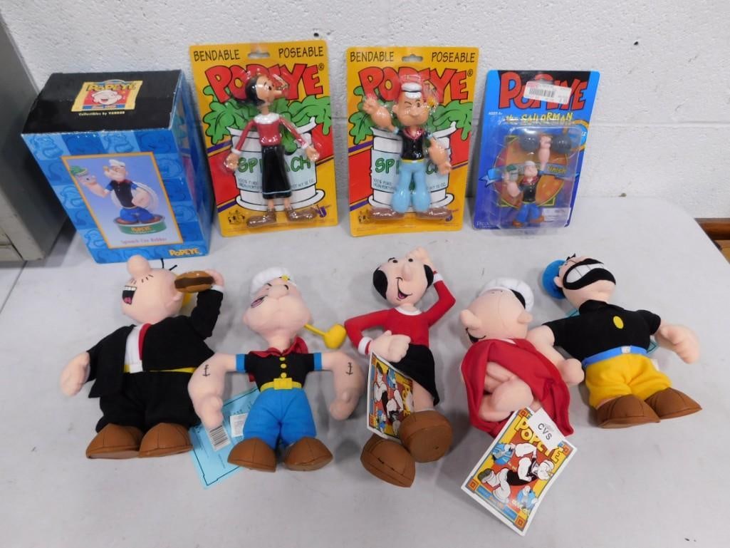 Popeye the Sailorman Collectibles incl Plush, Bendable Figures, Spinach Can Bobber: Popeye the Sailorman Collectibles incl Plush, Bendable Figures, Spinach Can Bobber. Includes Popeye, Olive Oyl, Bluto, Wimpy, etc. All new in package and/or with tags.