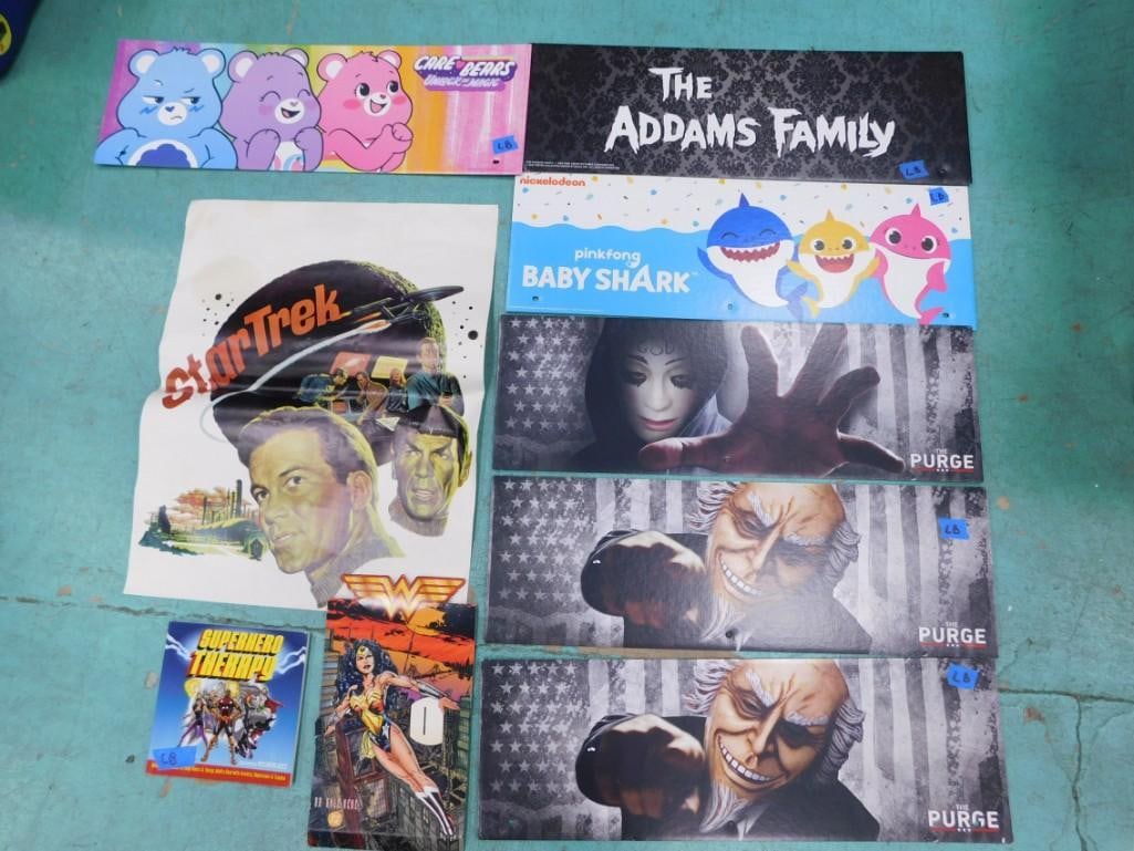 Signs and Posters incl Care Bears, The Purge, Star Trek, The Addams Family,: Signs and Posters incl Cardboard Care Bears, Cardboard The Purge, Star Trek, Cardboard The Addams Family, Cardboard Baby Shark, etc. The Star Trek Poster is roughly 22x17"