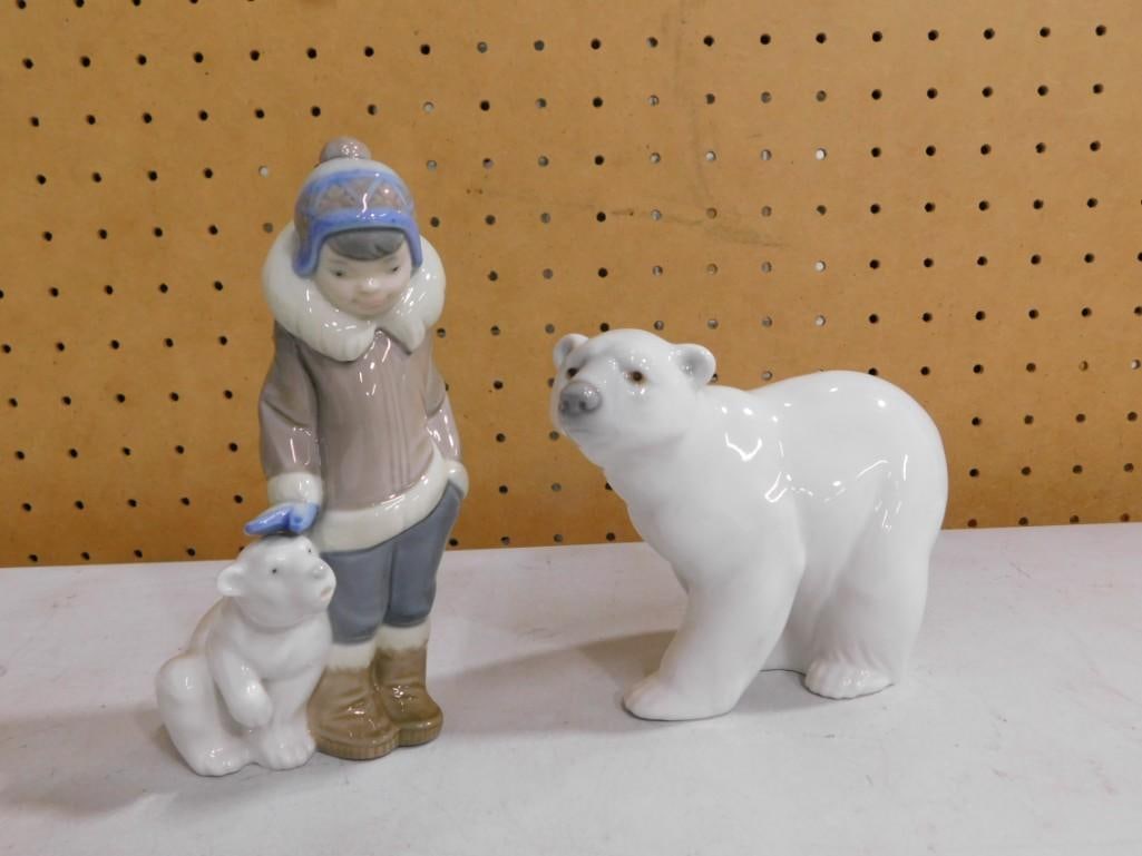 2 Lladro Figurines Incl Retired 5238 Eskimo Boy With Pet Polar