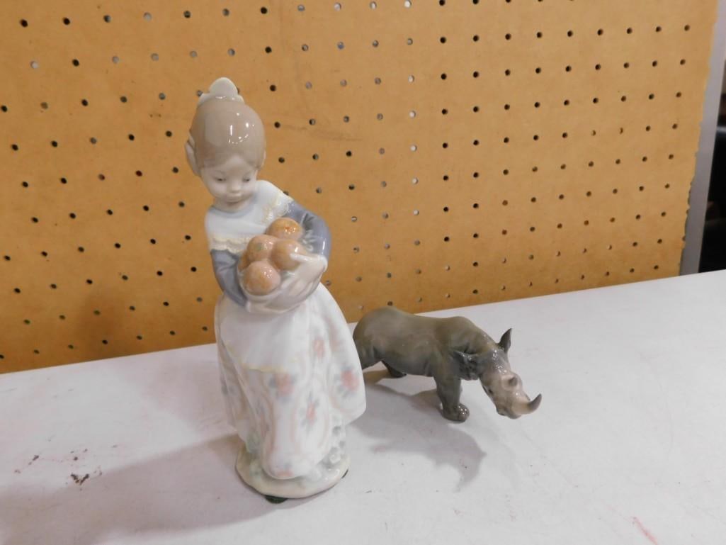 2 Lladro Porcelain Figurines incl 4841 Valencian Girl and 5437 Mini Rhino NO BOXES (1 of 5)