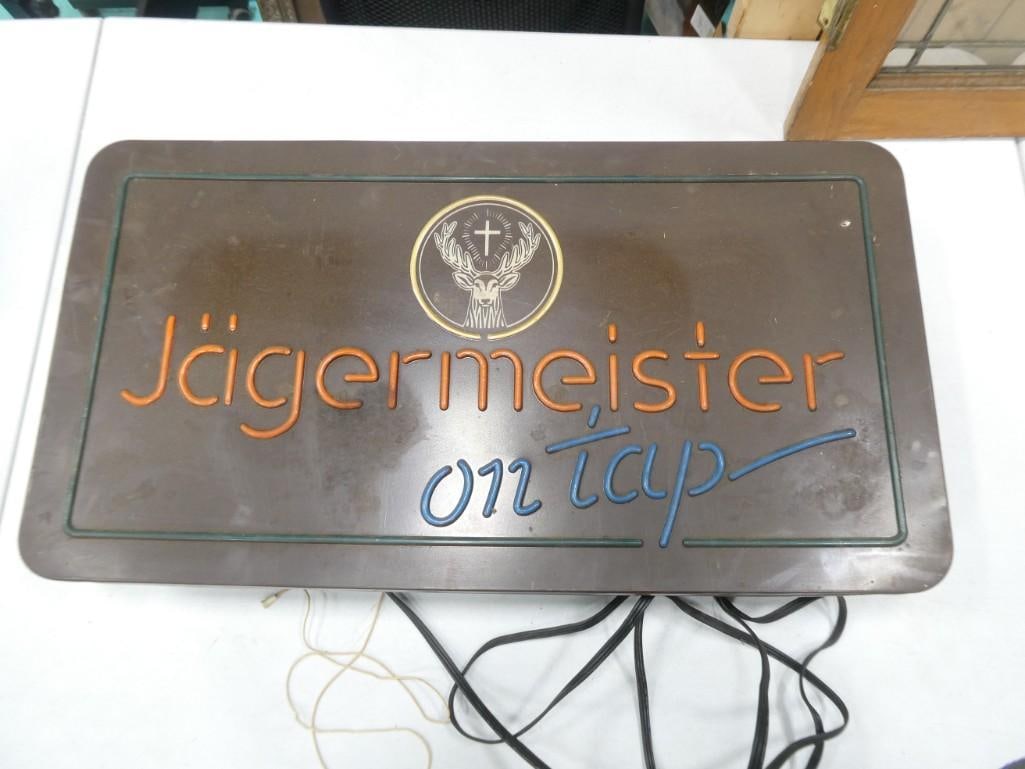 Jagermeister On Tap Bar Light: Jagermeister On Tap Bar Light - could not seem to get the light to turn on, it probably needs a new florescent bulb or or something else. Measures roughly 14x25"