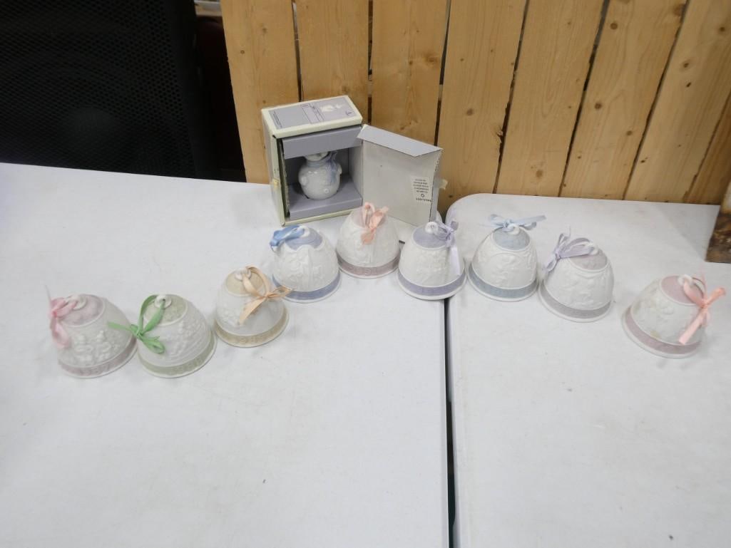 Lot of Lladro Bells and Snowman - Bells include years 1987 - 1996 missing 1992: Lot of Lladro Bells and Snowman - Bells include years 1987 - 1996 missing 1992