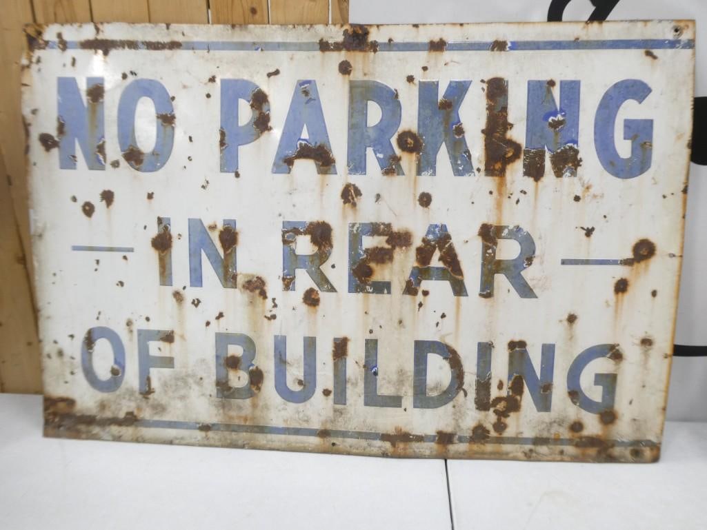 Vintage Rusty No Parking in Rear of Building Sign - Measures roughly 36x24": Vintage Rusty No Parking in Rear of Building Sign - Measures roughly 36x24" - this is fairly heavy and the rust is real.
