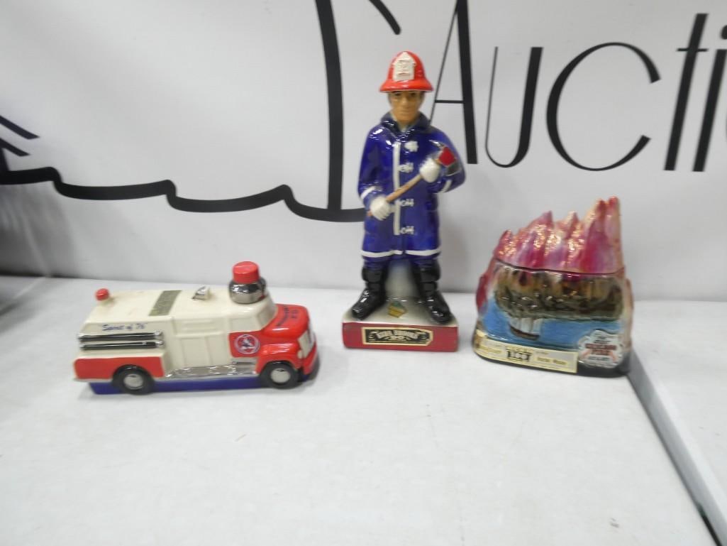 3 Decorative Whiskey Decanters including Jim Beam. Fireman, Spirit of 76, Ezra Brooks: 3 Decorative Whiskey Decanters including Jim Beam. Fireman, Spirit of 76, Ezra Brooks