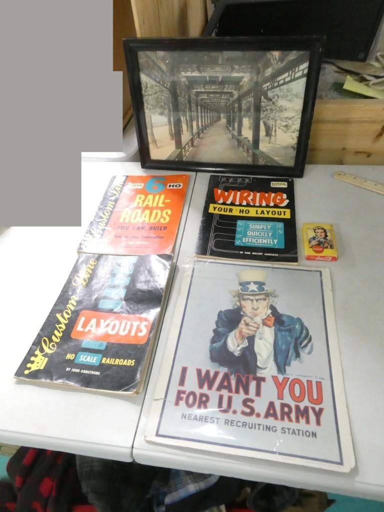 Misc. Lot including H0 Scale Train Books, Coca Cola Playing Cards, Uncle Sam Poster, Framed Print (1 of 7)