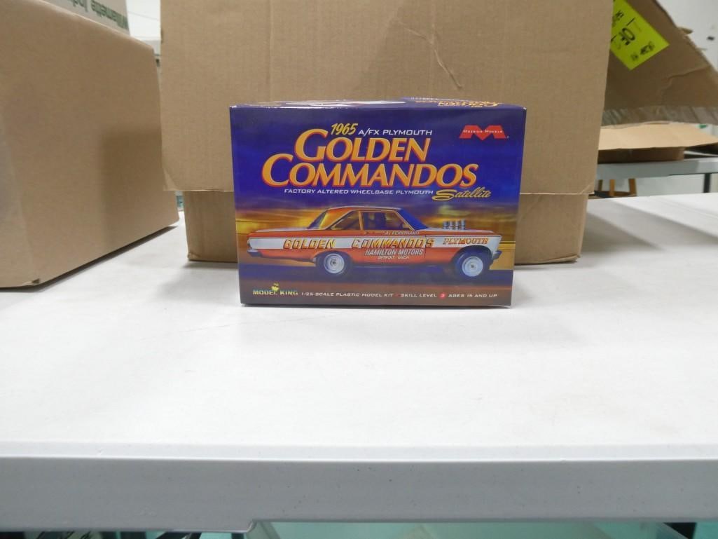 Moebius Models 1965 A/FX Plymouth Golden Commandos Model Car Kit with Lee Smith Decals: Moebius Models 1965 A/FX Plymouth Golden Commandos Factory Altered Wheelbase Plymouth Satellite Model Car Kit with Lee Smith Decals. 1:25 scale in original box. Comes with everything that you see in t