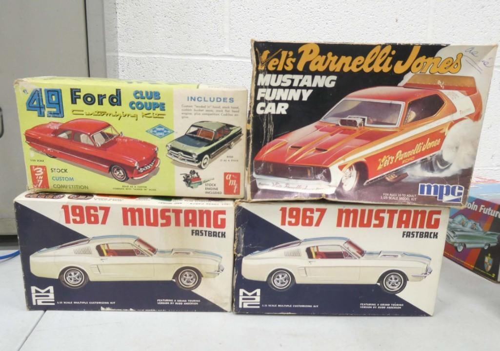4 Model Kits incl AMT '49 Ford Club Coupe, Vel's Parnelli Jones Mustang Funny Car, 2 Mustang Fastbac (1 of 8)