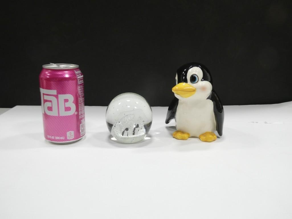Vintage Norcrest Penguin Bank and Glass Paperweight: Vintage Norcrest Penguin Bank and Glass Paperweight