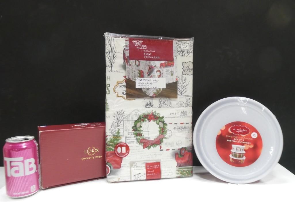 3 pc Set incl New Tablecloth, New 3pc Bowls with Lids, Lenox Gingerbread Salt & Pepper Shakers in Bo (1 of 15)