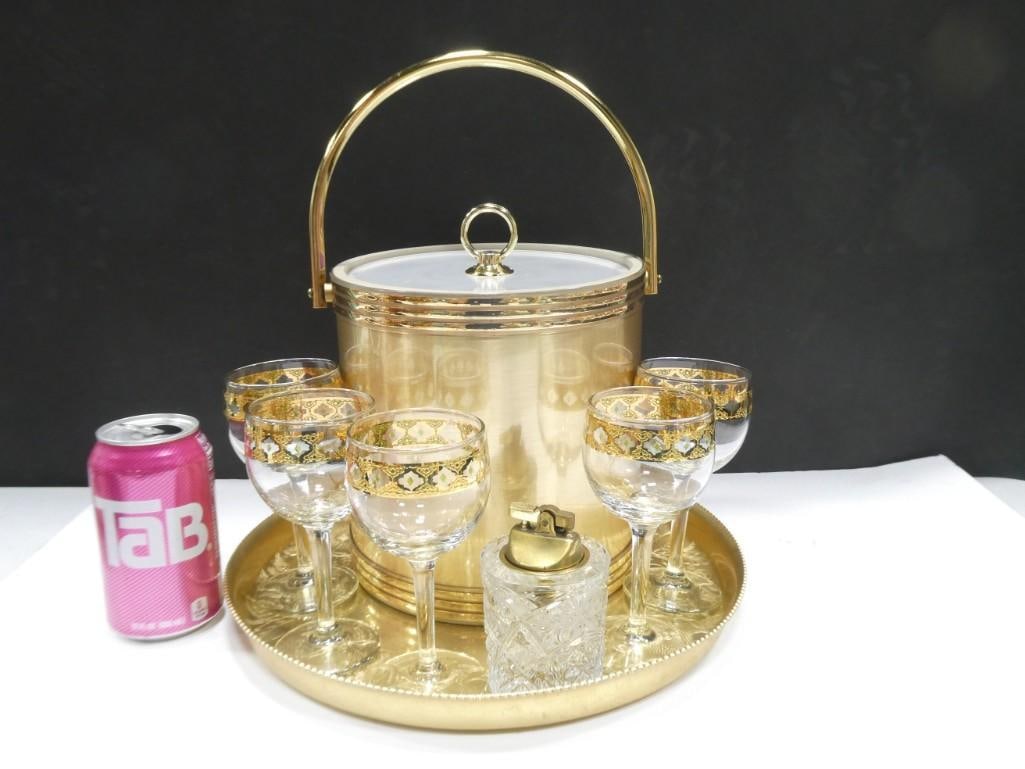 9 pc MCM Golden Barware Set incl 5 Culver Valencia Stems,  Golden Ice Bucket, Cut Glass Lighter (1 of 12)