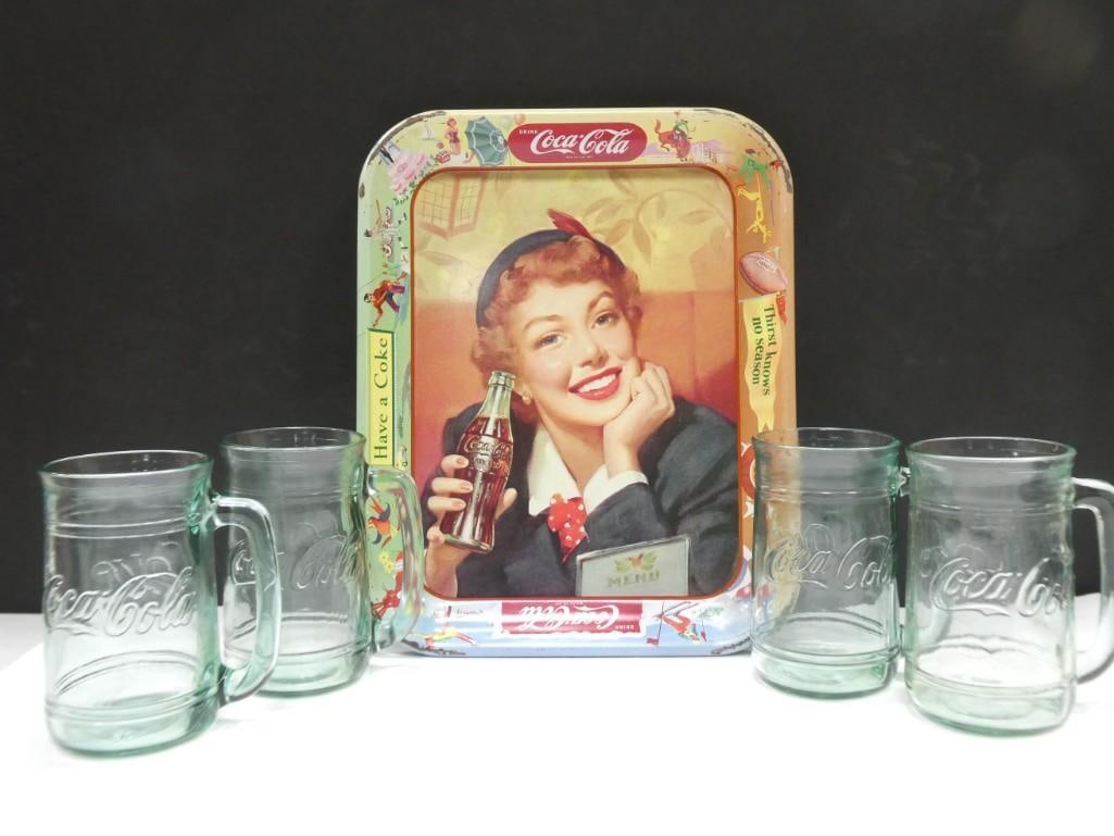 Coca Cola Lot incl 4 Heavy Glass Coke Mugs by Indiana Glass, Coca Cola Serving Tray "Thirst (1 of 15)