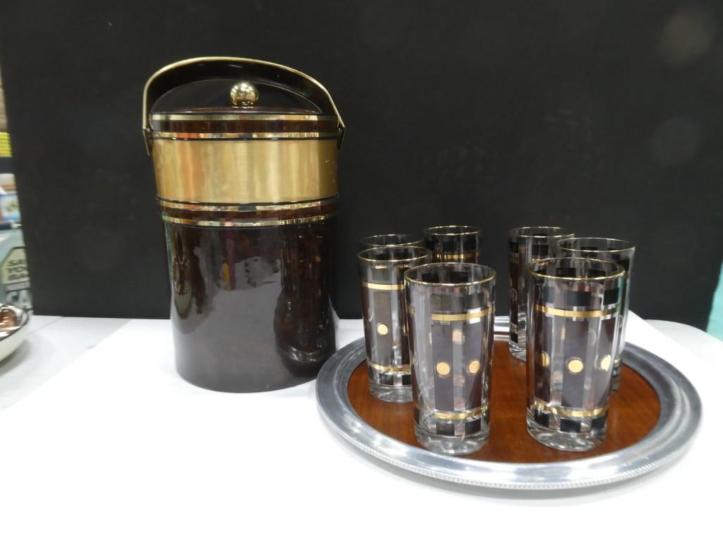 MCM Barware Lot incl 7 Vtg 1950s Geometric Hi Ball Glasses, 1 Woodgrain Formica & Pewter Tray, (1 of 10)
